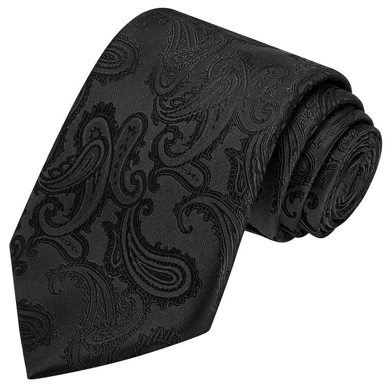 KissTies Mens Black Tie Set: Paisley Necktie + Pocket Square - Image 2